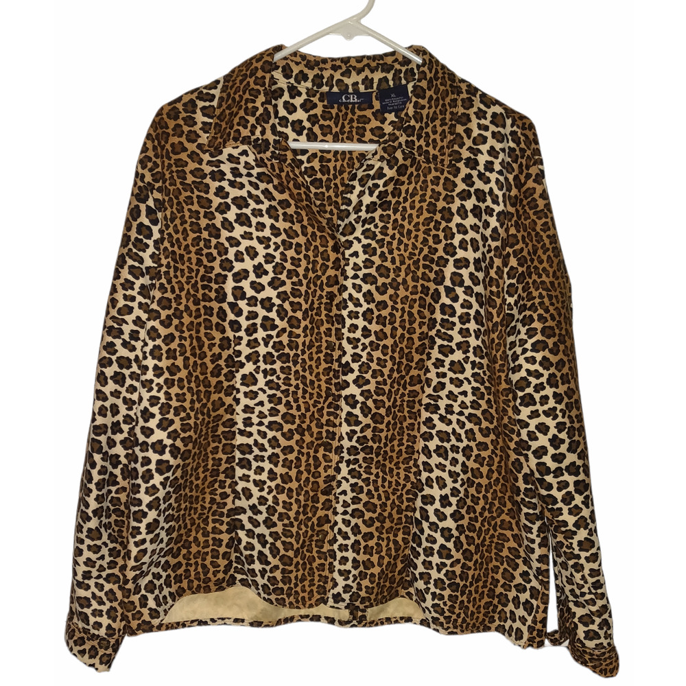 WOMEN'S LEOPARD PRINT SHIRT LONG SLEEVE SNAP BUTTONS CB CASUAL SIZE XL